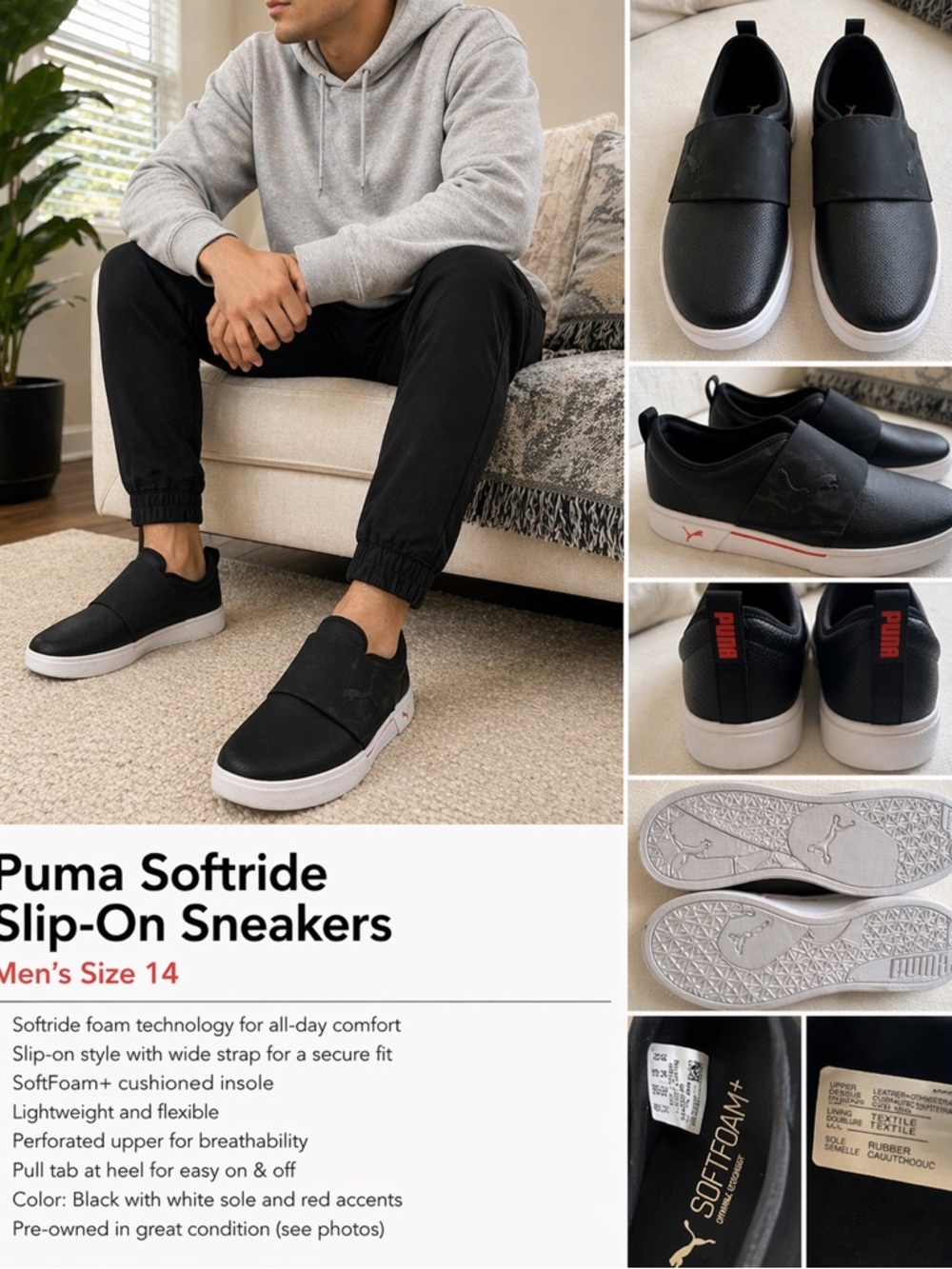 Puma Softride Slip-On Sneakers Black White Comfort Mens 14